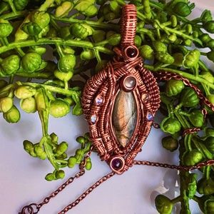 Labradorite Wire Wrapped Pendant With Moonstone, Amethyst, And Tourmaline